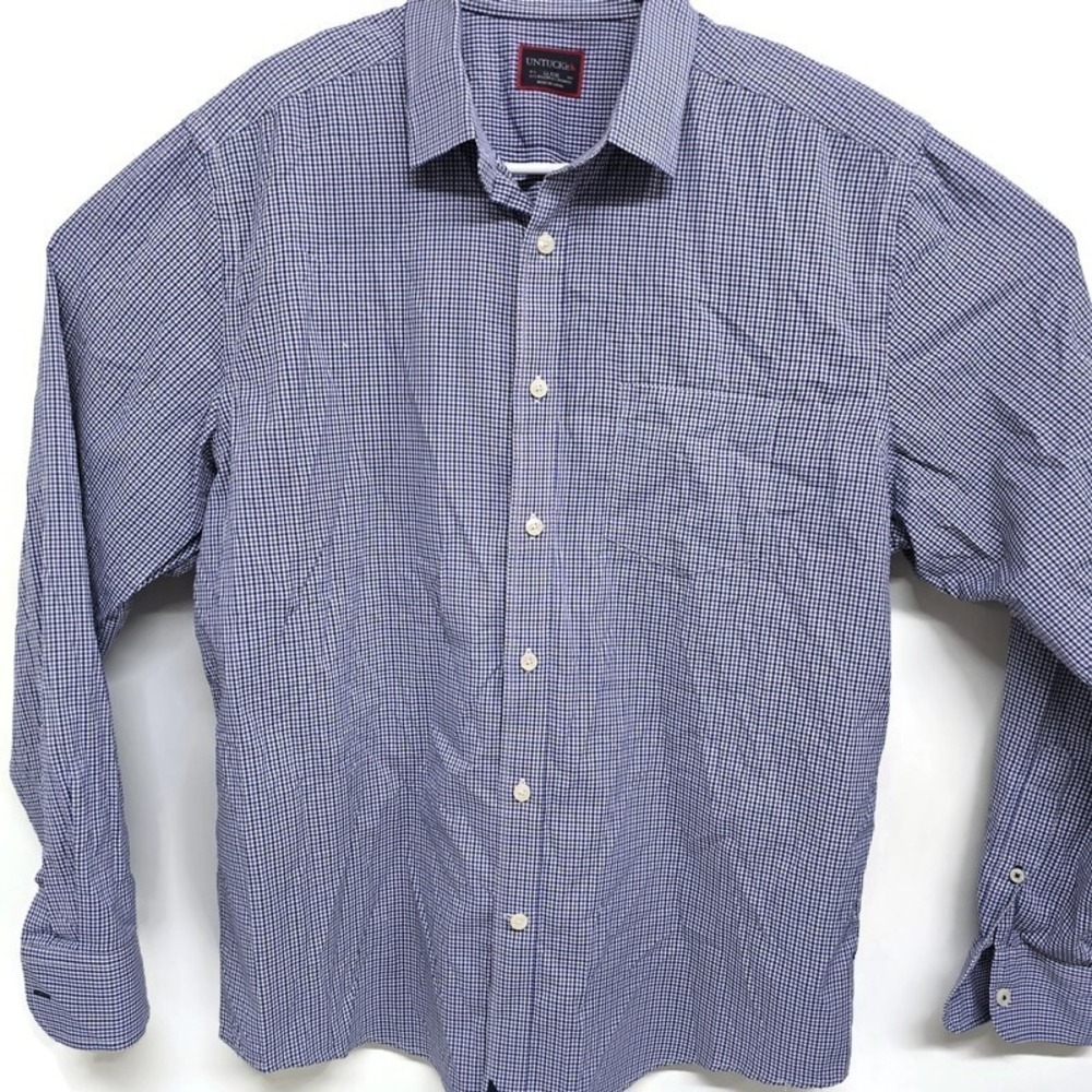 UNTUCKit Mens Large Blue Gingham Check Performance Nylon Spandex Button Down